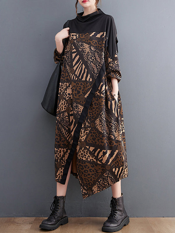 Long Sleeves Loose Asymmetric Printed Split-Front Split-Joint Mock Neck Midi Dresses