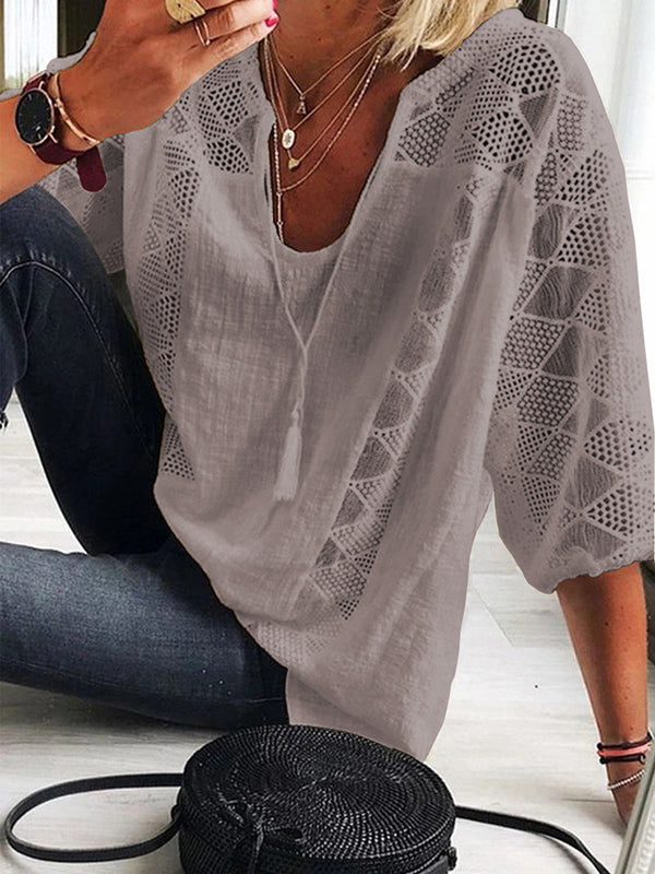 Simple Casual Hollow Lace Split-Joint U-Neck T-Shirt Top