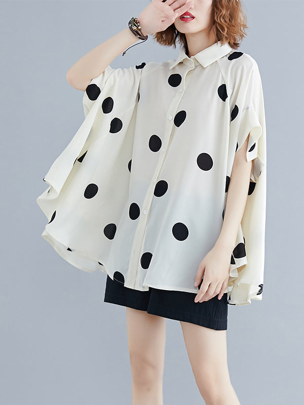 Batwing Sleeves Loose Polka-Dot Lapel Blouses&Shirts Tops