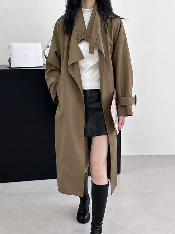 Long Sleeves Loose Buckle Pockets Solid Color Split-Back Tied Waist Lapel Trench Coats