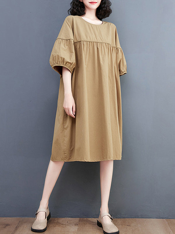 Loose Short Sleeves Solid Color Round-Neck Midi Dresses