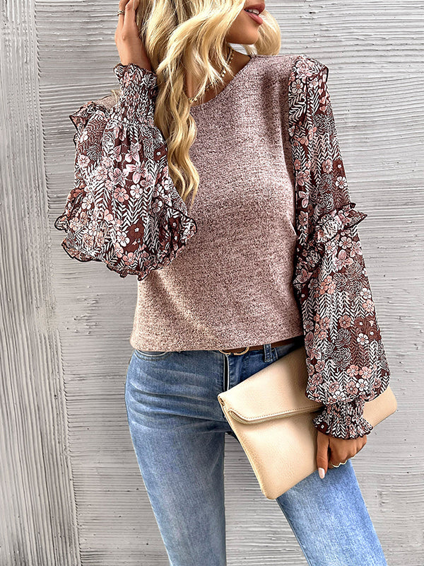 Long Sleeves Loose Flower Print Split-Joint Round-Neck Blouses&Shirts Tops