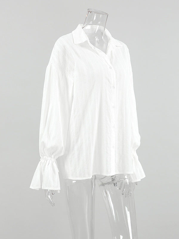 Flared Sleeves Long Sleeves Buttoned Elasticity Jacquard Solid Color Lapel Blouses&Shirts Tops