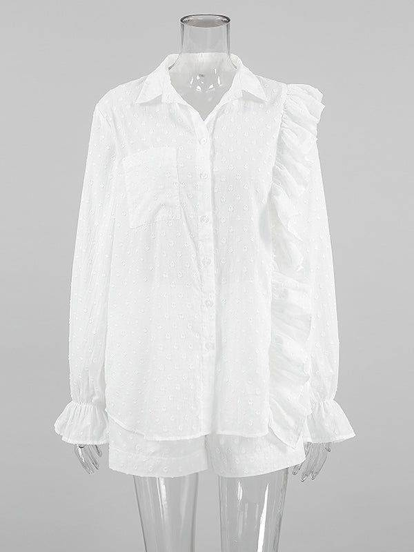 Loose Solid Color Jacquard Ruffled Split-Joint Lapel Blouse + High Waisted Shorts Two Pieces Set