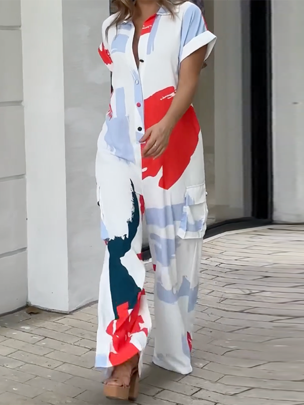 Loose Wide Leg Printed Lapel Collar Jumpsuits