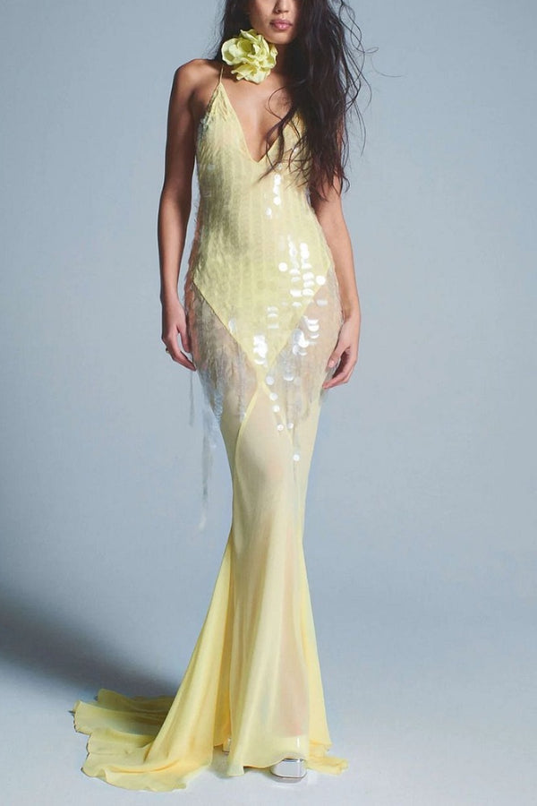 Deep V Neck Sequins Fishtail Hem Backless Gowns Slip Maxi Dresses-Yellow