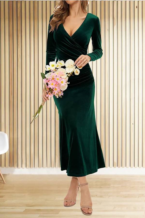 Solid Velvet Long Sleeve V Neck Slim Fit Fishtail Maxi Dress