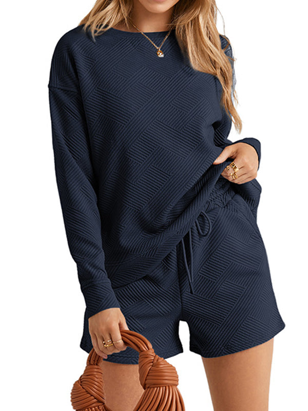 Long Sleeves Loose Solid Color Round-Neck Sweatshirt Top + Drawstring Shorts Bottom Two Pieces Set