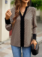 Long Sleeves Loose Printed Split-Joint V-Neck Blouses&Shirts Tops