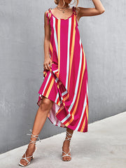 Loose Sleeveless Contrast Color Striped Tied U-Neck Midi Dresses Slip Dress