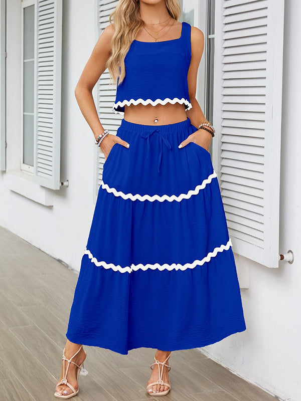 Sleeveless Striped Square-Neck Vest Top + A-Line High Waisted Drawstring Elasticity Pockets Skirts Bottom Two Pieces Set