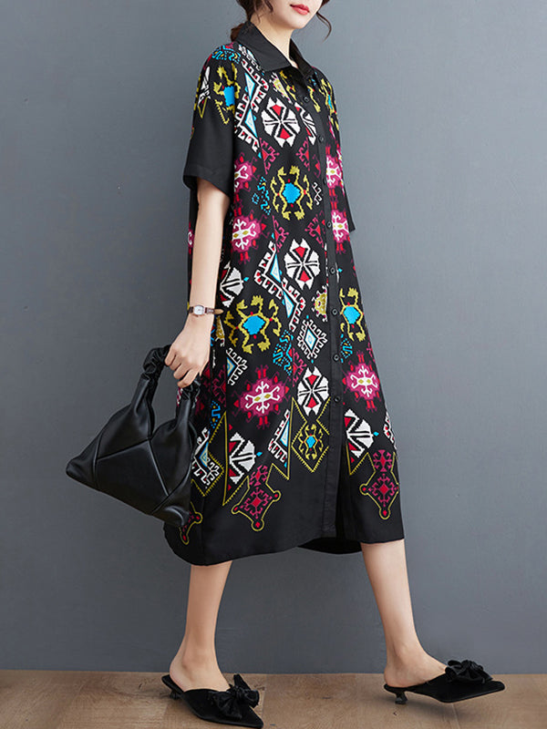 Loose Short Sleeves Ethnic Printed Lapel Midi Dresses