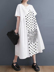 A-Line Loose Asymmetric Pockets Polka-Dot Split-Joint Round-Neck Midi Dresses