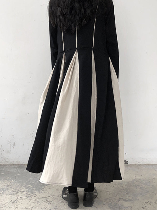 Original Contrast Color Split-Joint High-Neck Midi Dress