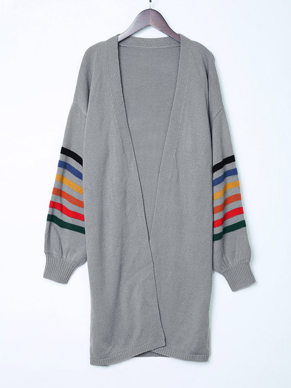 Long Sleeves Loose Colorful Contrast Color Striped Collarless Cardigan Tops