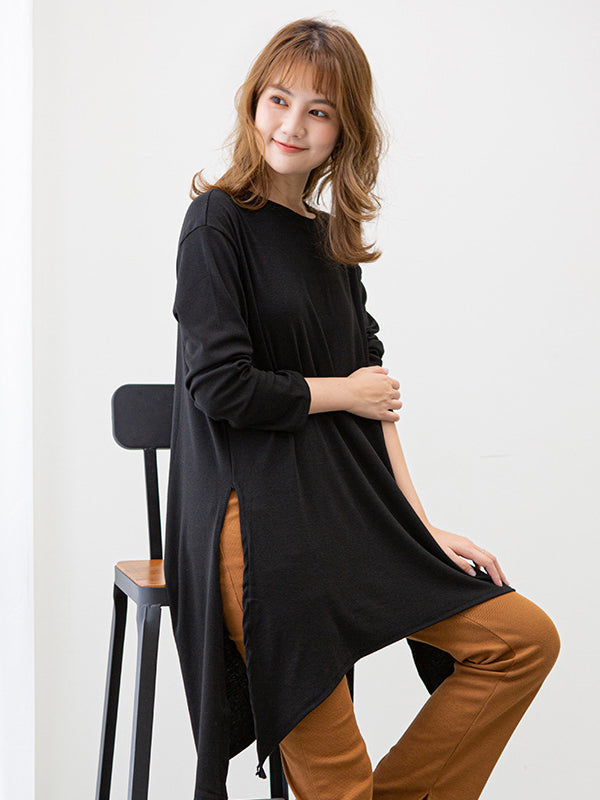 Casual High-Low Long Sleeves Solid Color Round-Neck T-Shirts Tops