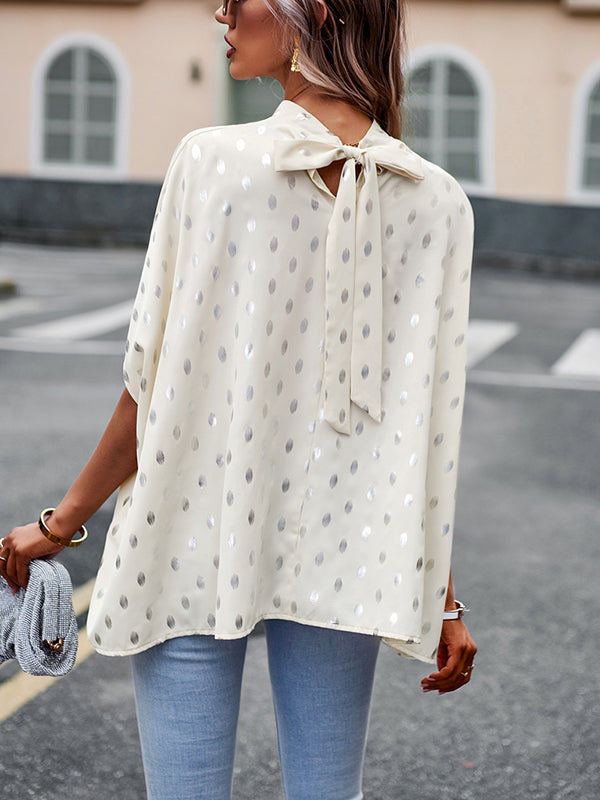 Loose Bandage Polka Dot Round-Neck Blouses&Shirts Tops