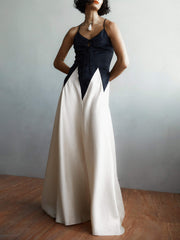 Fashion Contrasting Stitching Slim Suspender Maxi Dress