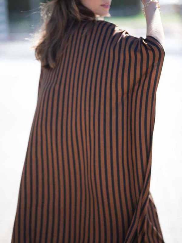 Batwing Sleeves Half Sleeves Buttoned Pockets Striped Round-Neck Beach Cover-Up Maxi Dresses