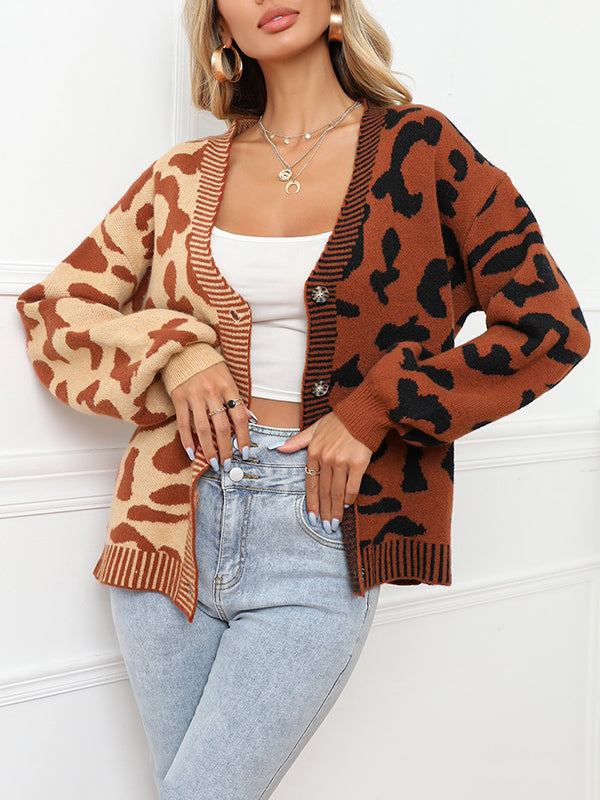 Long Sleeves Loose Buttoned Leopard Split-Joint V-Neck Cardigan Tops