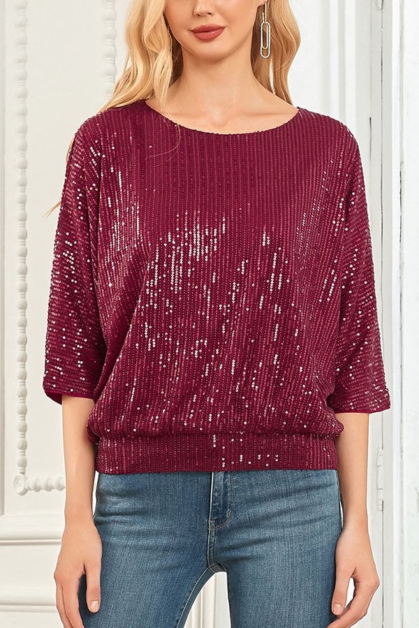 Solid Color Sequined Loose Round Neck Casual Top