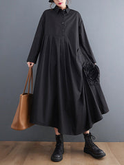 Urban Floral Applique Pleated Long Sleeves Shirt Dress Midi Dress