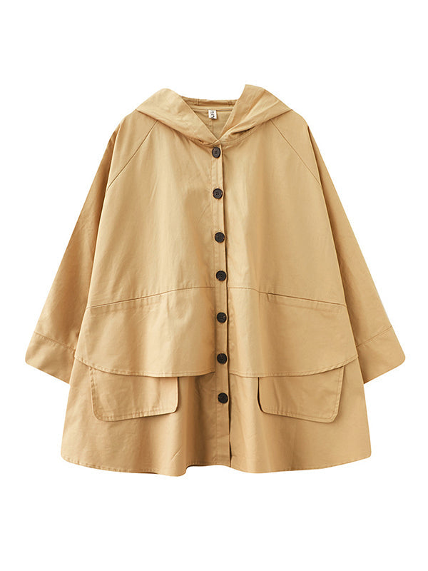 Loose Solid Color Buttoned Hooded Long Sleeves Trench Coat