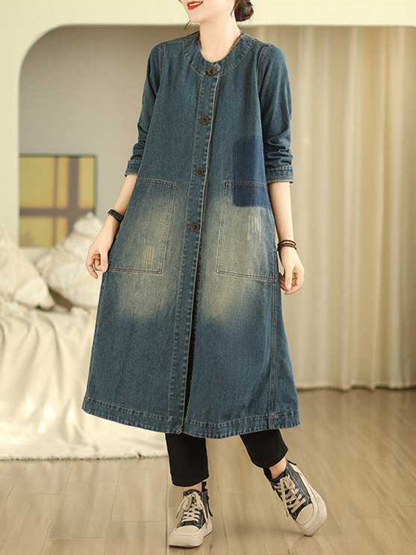 A-Line Long Sleeves Buttoned Pockets Round-Neck Midi Dresses Outerwear