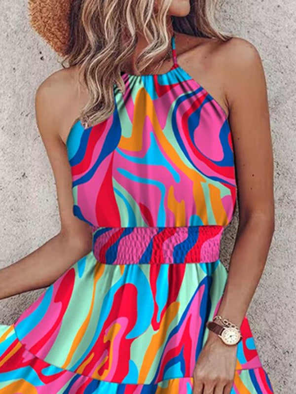 Loose Sleeveless Color-Block Contrast Color Elasticity Split-Joint Halter-Neck Mini Dresses