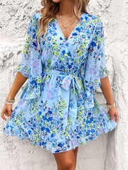 Flared Sleeves Half Sleeves Flower Print Ruffle Trim Split-Joint Tied Waist V-Neck Mini Dresses