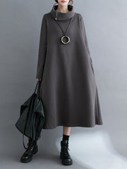 A-Line Long Sleeves Asymmetric Solid Color Zipper High Neck Midi Dresses