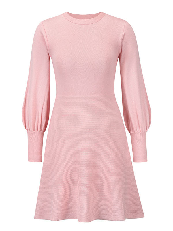 Puff Sleeves Wrap Solid Color Round-Neck Sweater Dress