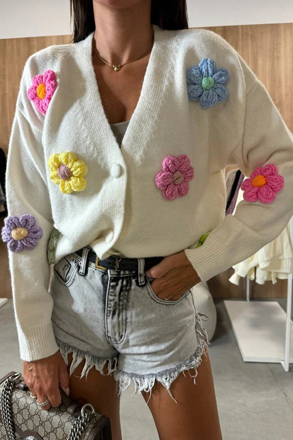 Ezro Knit Colorful Dimensional Flowers Button Up Loose Cardigan