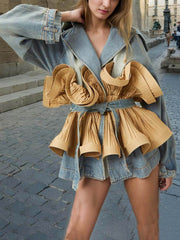 Trendy Contrast Color Ruffled Pleated Lace-Up Denim Jacket