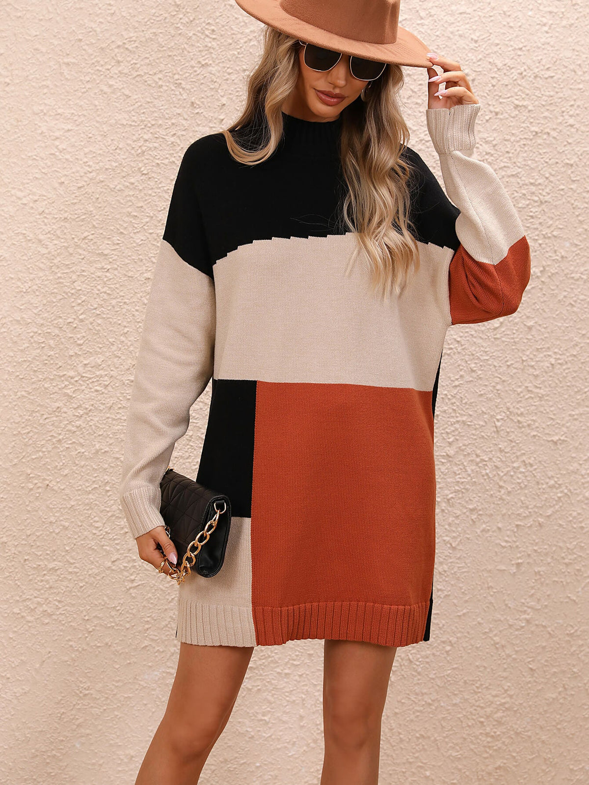 Cindy Color Block Mini Sweater Dress - Orange