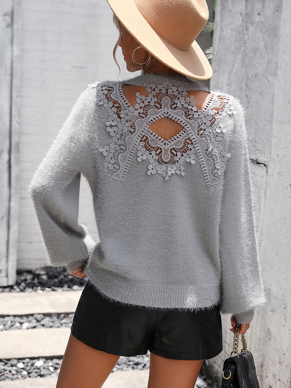 Pretty Petals Lace Floral Pullover Sweater - Grey