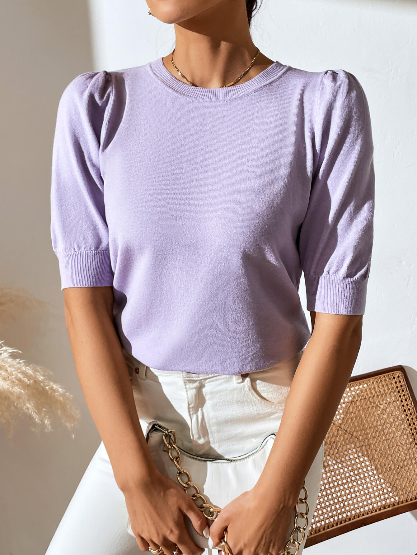 HALO SHORT SLEEVE COTTON BLEND KNIT TOP - LILAC