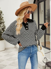 Benji Zig Zag Striped Batwing Sleeve Sweater - Black