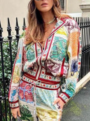 Unique Print Zipper Pocketed Balloon Sleeve Bomber Jacket