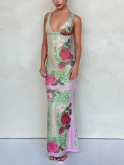 Holiday Style Contrast Rose Print V-neck Maxi Dress