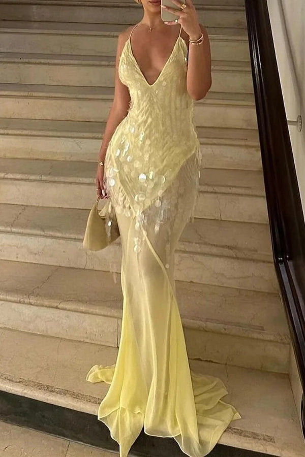 Deep V Neck Sequins Fishtail Hem Backless Gowns Slip Maxi Dresses-Yellow