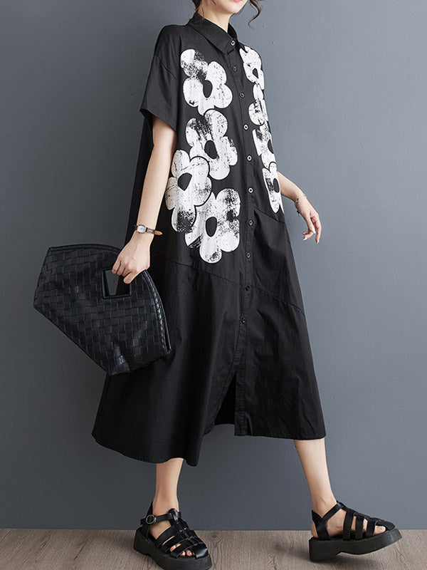 A-Line Loose Asymmetric Buttoned Flower Print Lapel Midi Dresses Shirt Dress