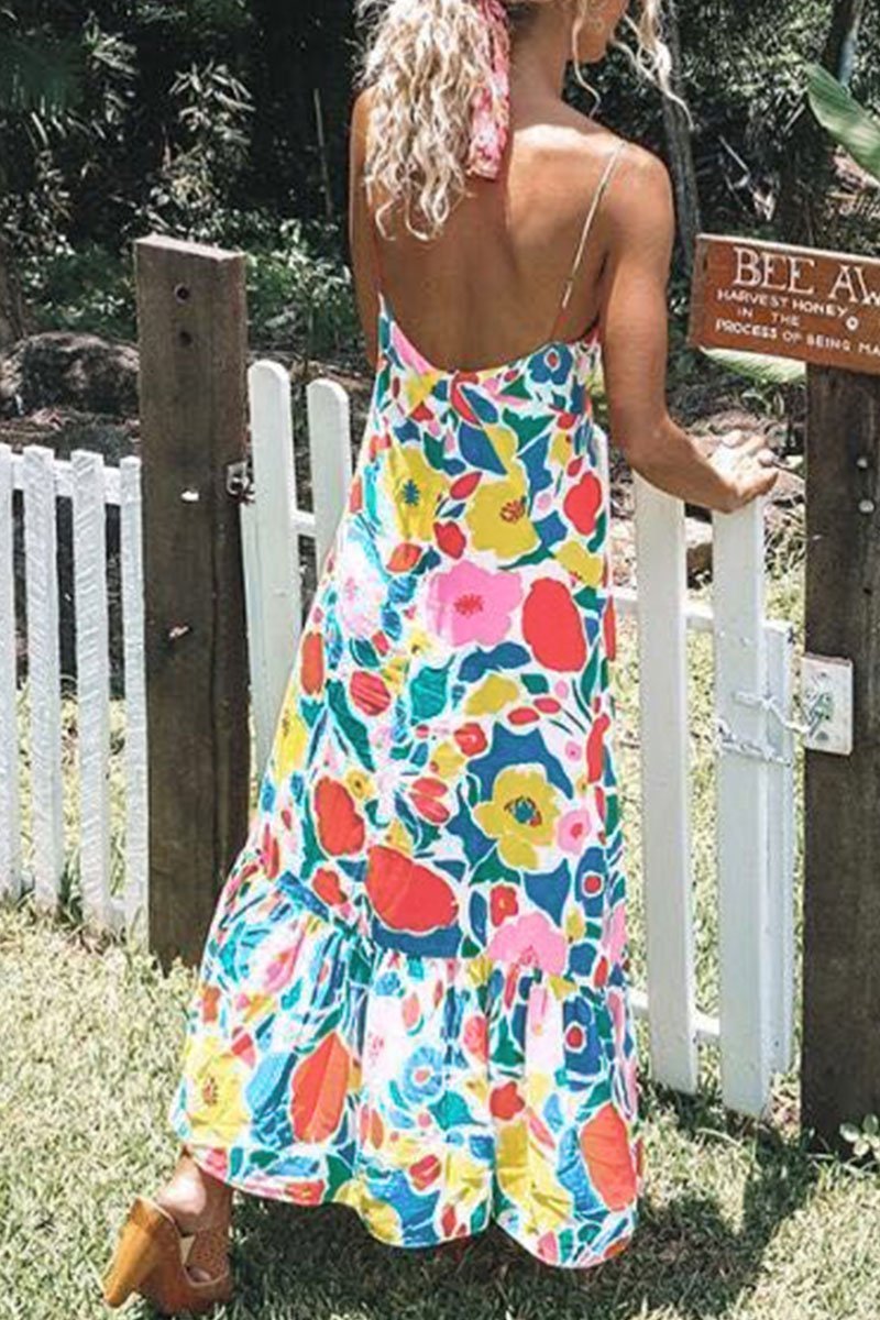 Chicindress Floral Printed Backless Mid Calf Dress With Pocket