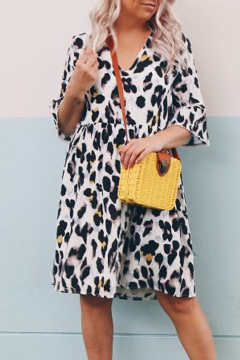 Chicindress V Neck Leopard Printed Knee Length A Line Dress