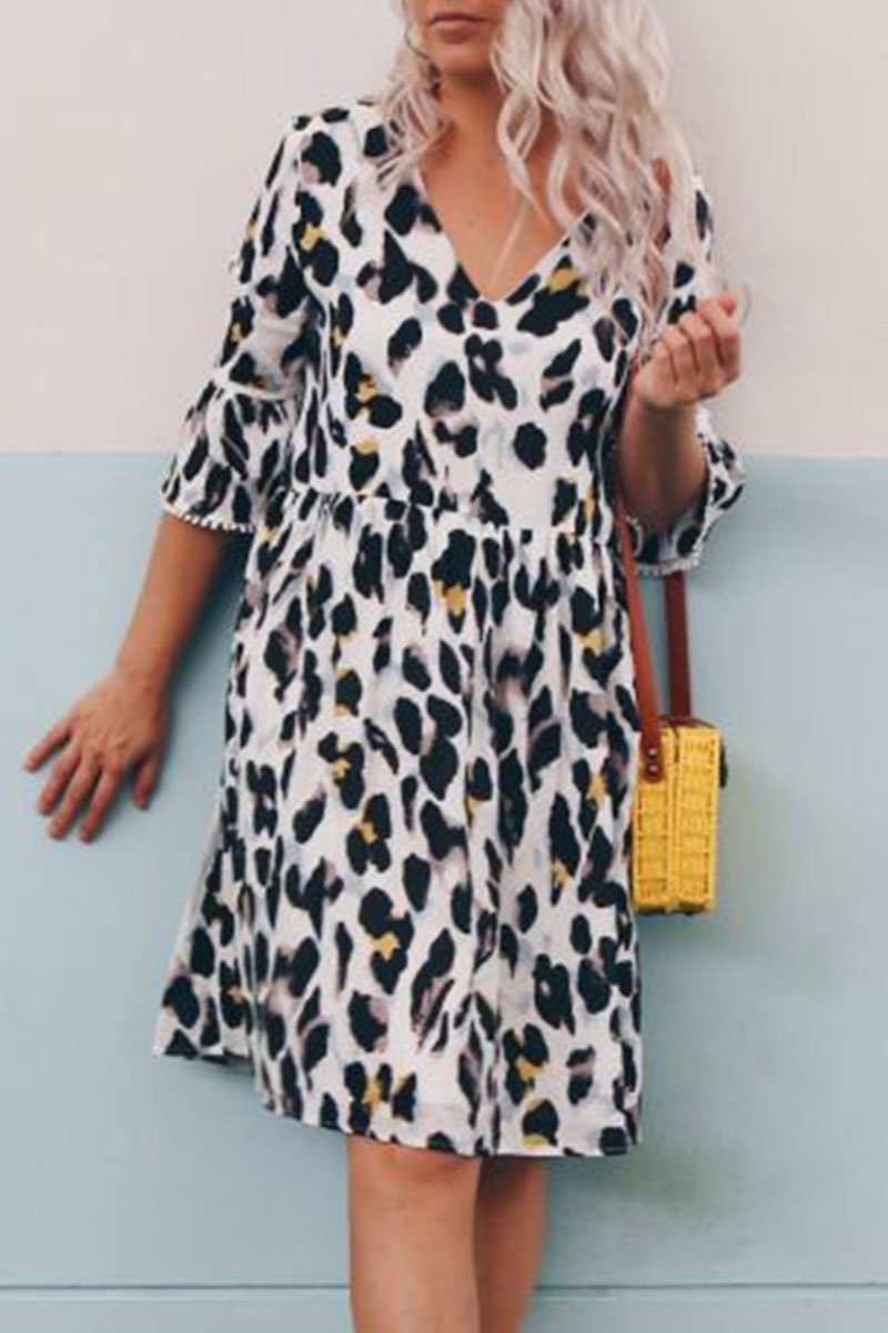 Chicindress V Neck Leopard Printed Knee Length A Line Dress