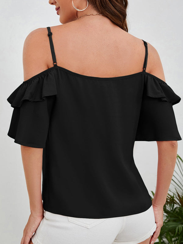 Half Sleeves Loose Ruffle Trim Solid Color Tied Off-the-shoulder Blouses&shirts Tops