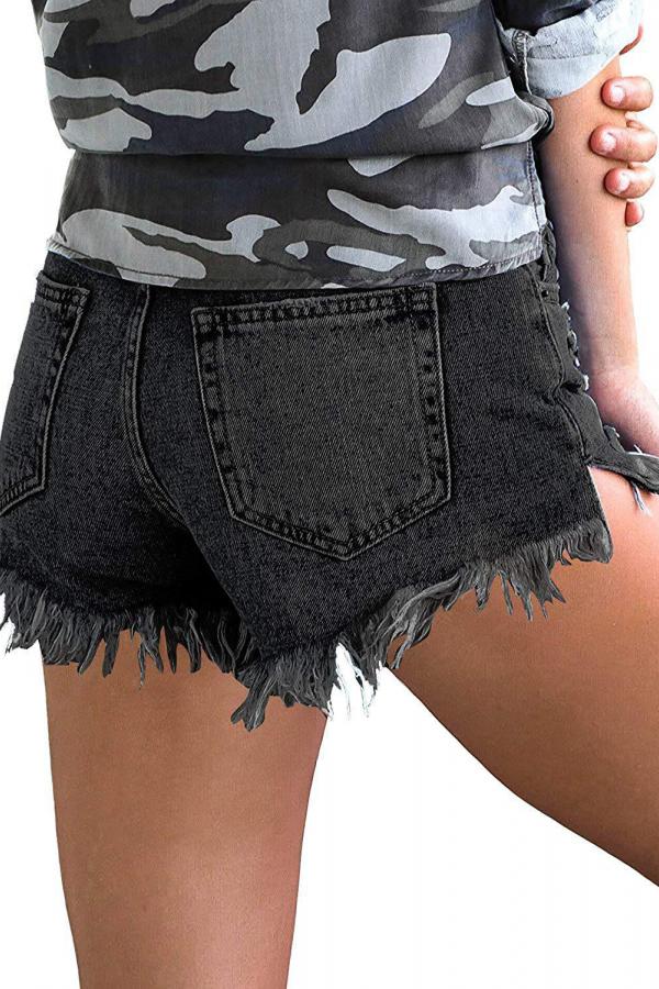 Denim Zipper Fly Sleeveless Mid Zippered Patchwork Split Solid Straight shorts