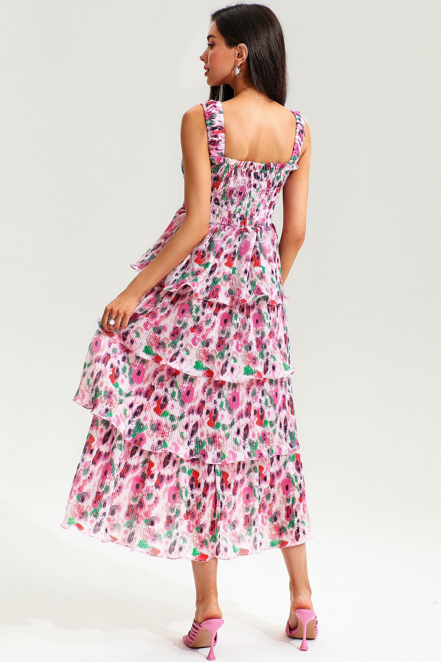 Floral Cami Backless Tiered Ruffle Hem Maxi Dress