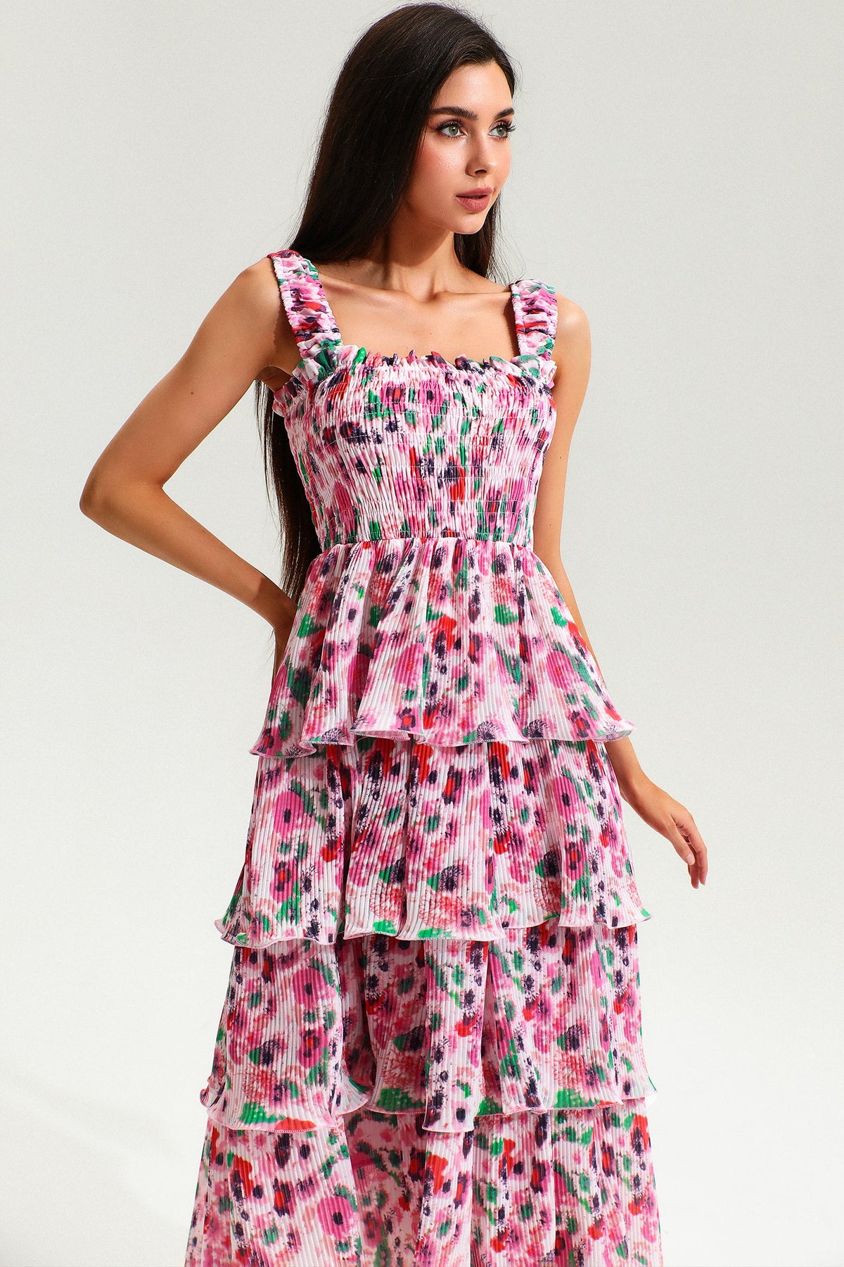 Floral Cami Backless Tiered Ruffle Hem Maxi Dress