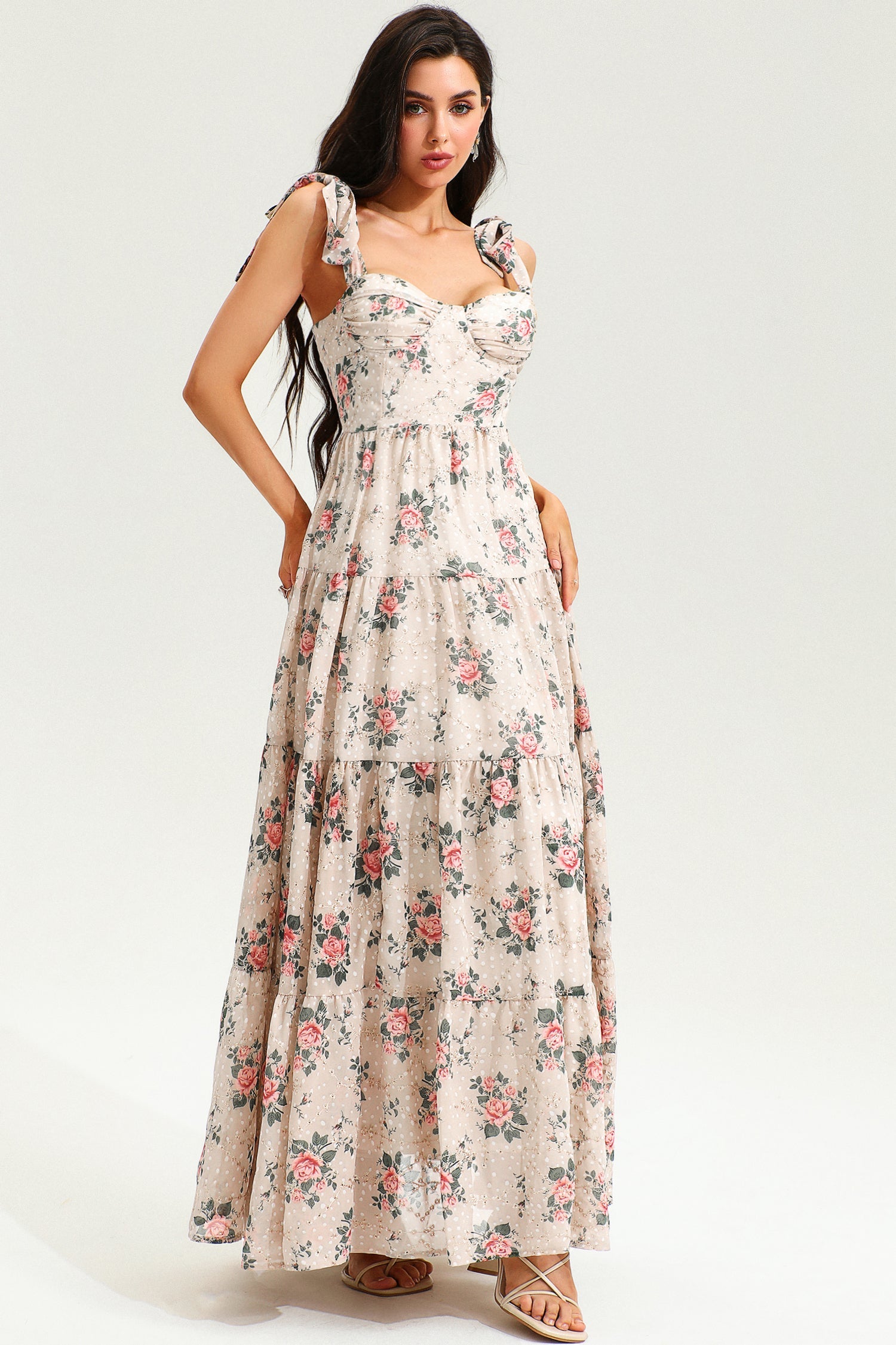 Floral Corset Backless Lace Up Maxi Dress Beige